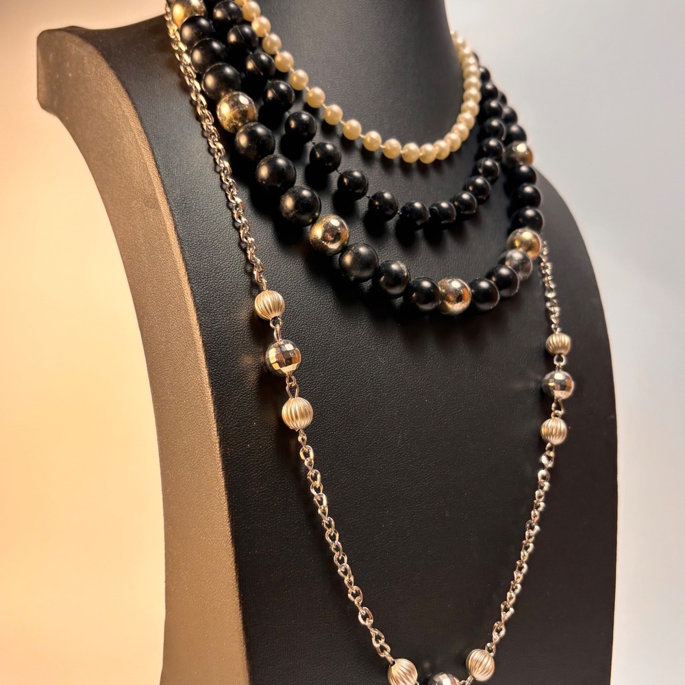 Multi-Strand Beaded Necklace Black Silver Cream Statement Goth Boho Chic Jewelry